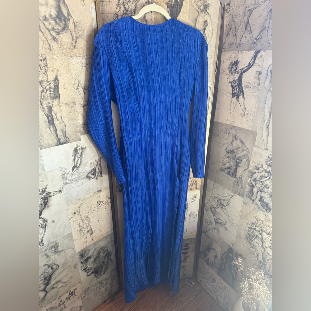 Blue double slit long sleeved dress